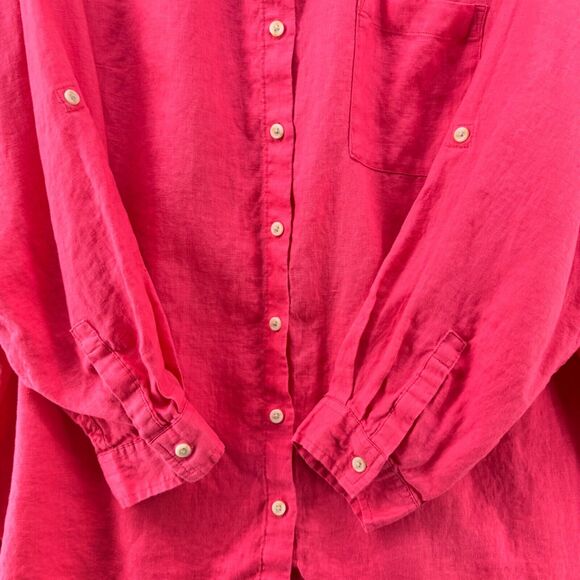 Lands End Shirt Women 2X Orange Linen Button Up Collared Roll Tab Long Sleeve - Picture 6 of 15